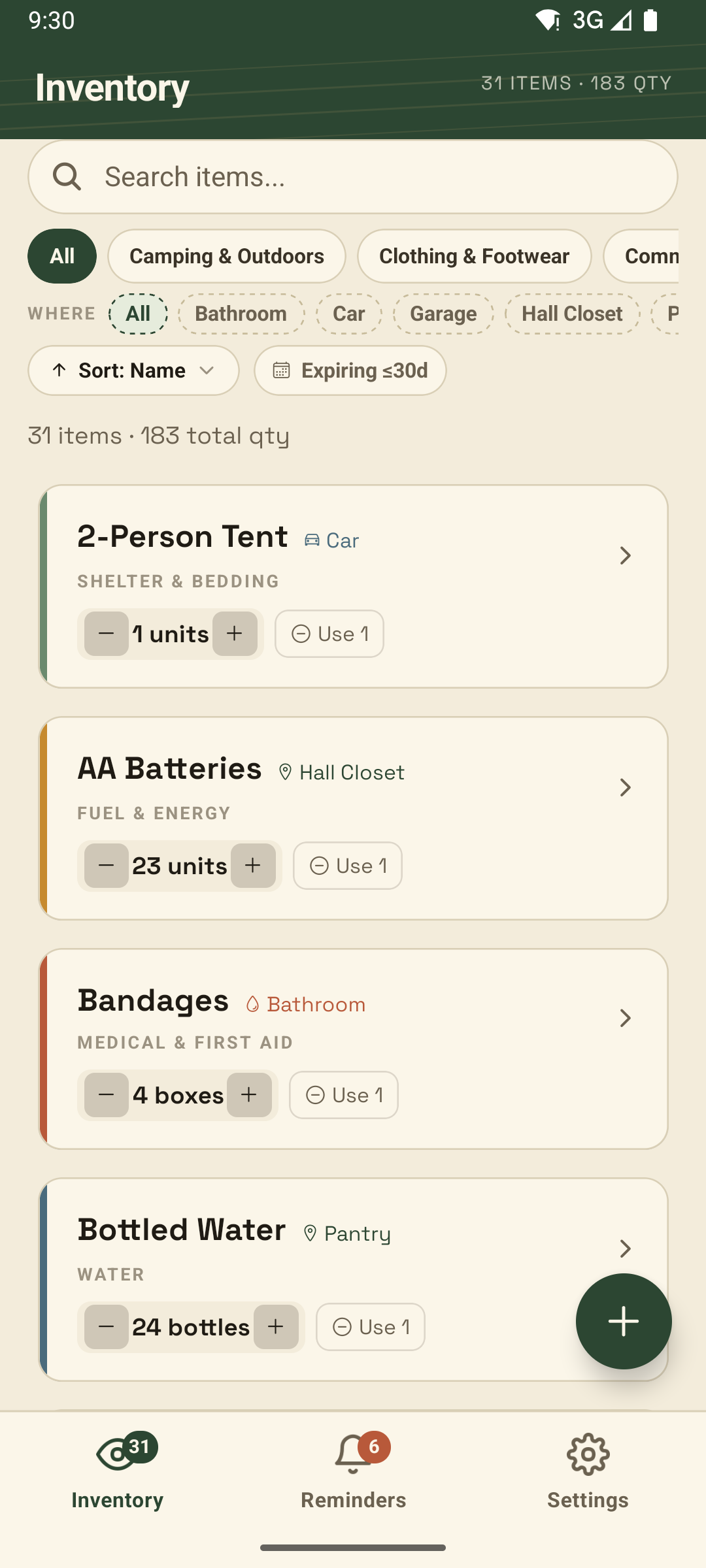 BeaglePrep inventory list showing items with quantities, locations and categories