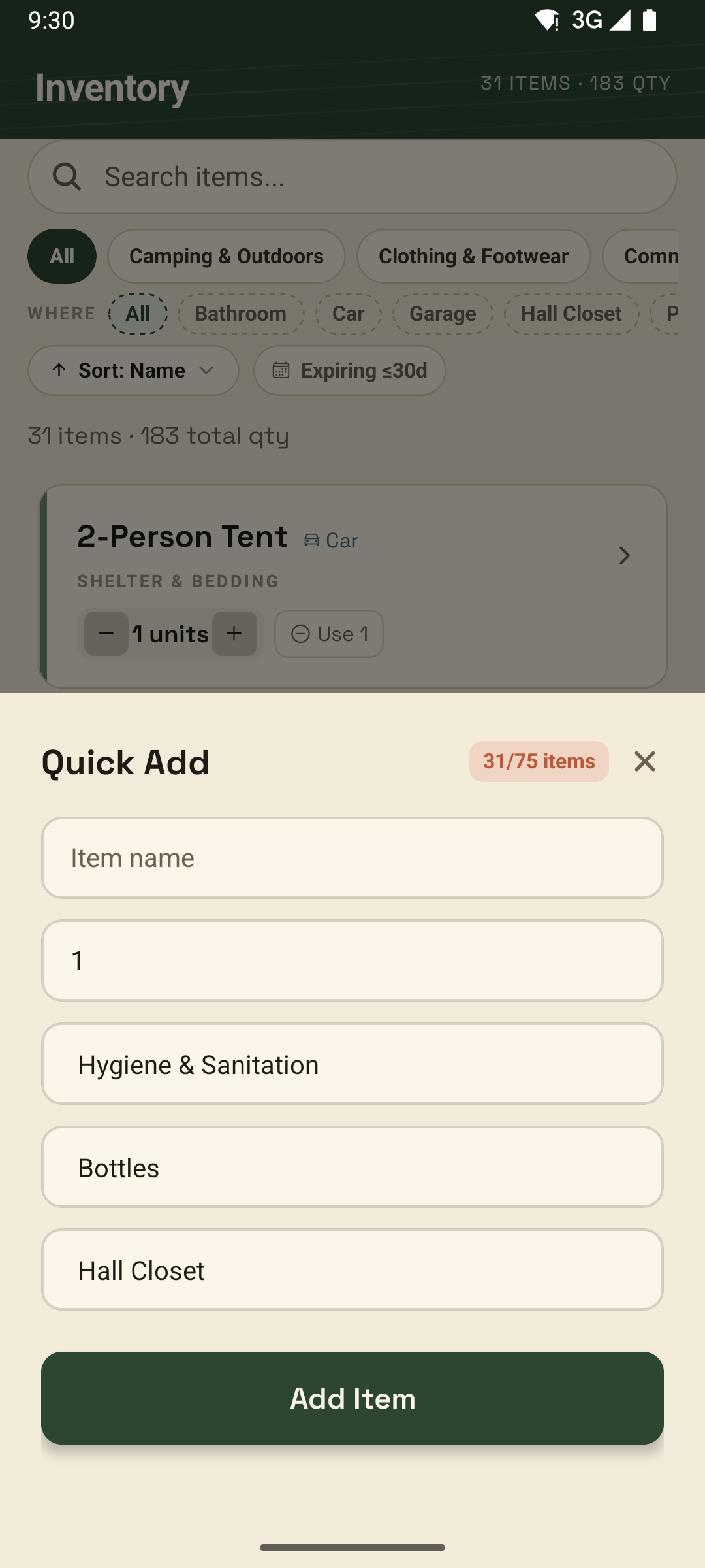 BeaglePrep Quick Add sheet for rapidly entering a new supply item