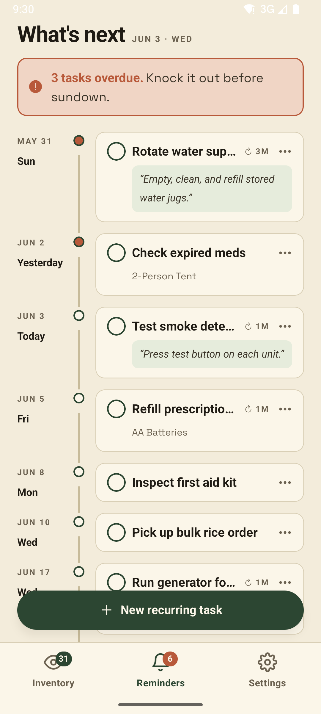 BeaglePrep reminders timeline showing recurring supply rotation tasks