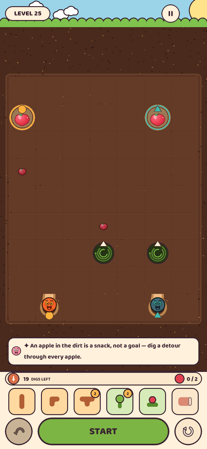 A level mid-build with tunnels dug and the dashed route preview showing where the worms will go